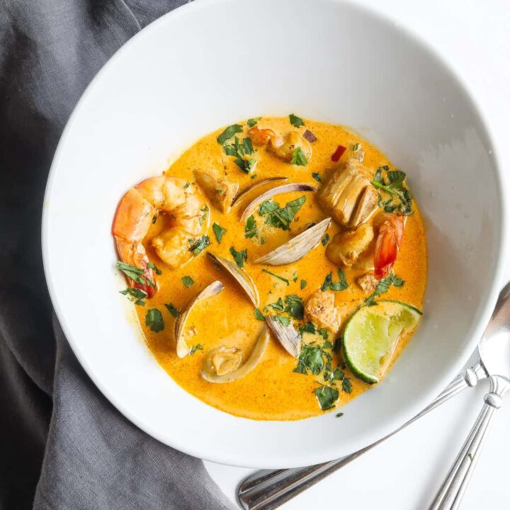 cazuela de mariscos (colombian seafood stew) in a white bowl