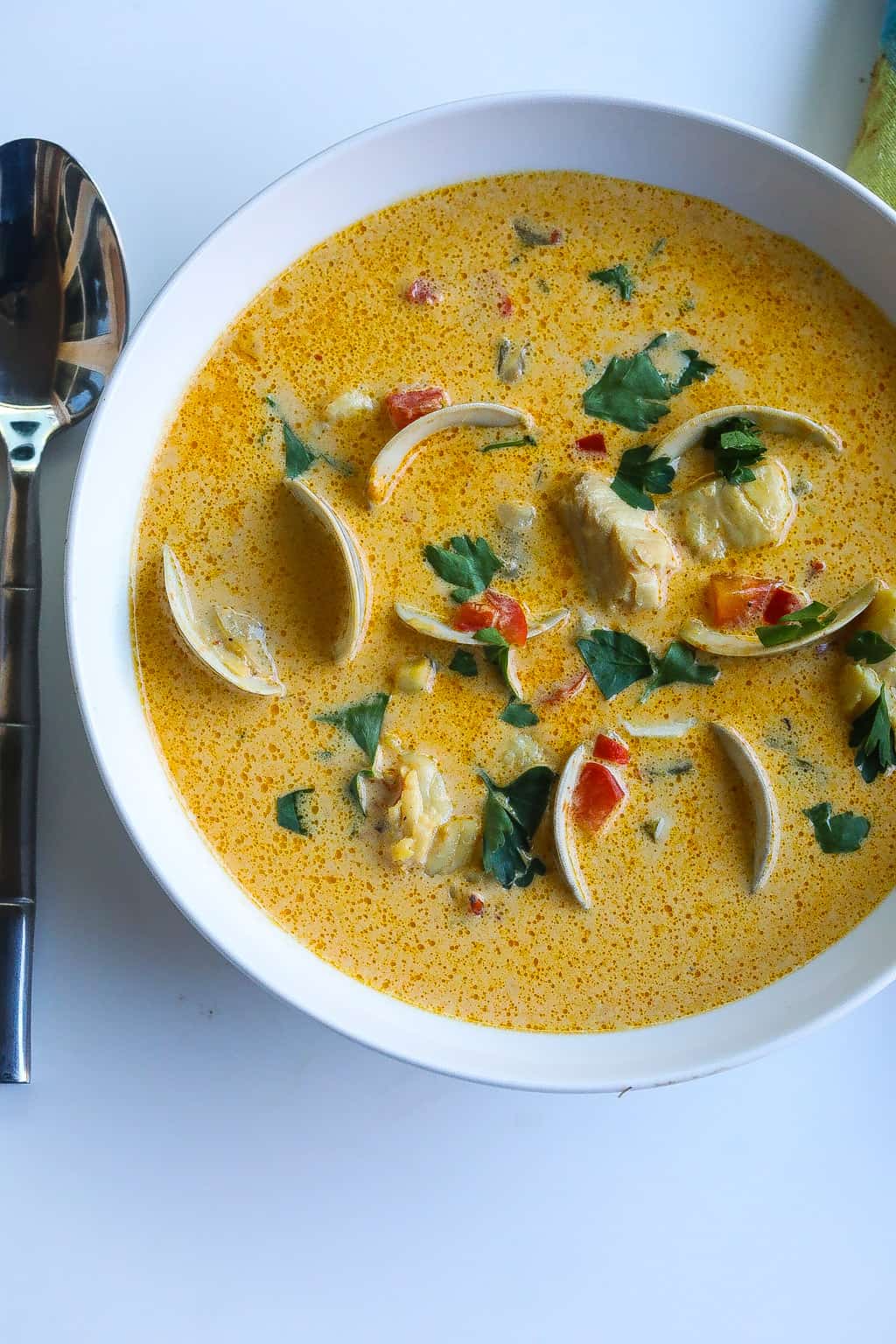cazuela de mariscos (colombian seafood stew) in a white bowl