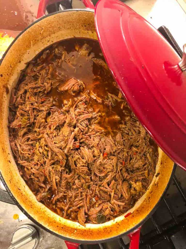 shredded beef in a pot