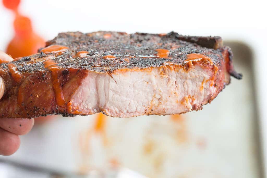 smoked pork chop showing interior