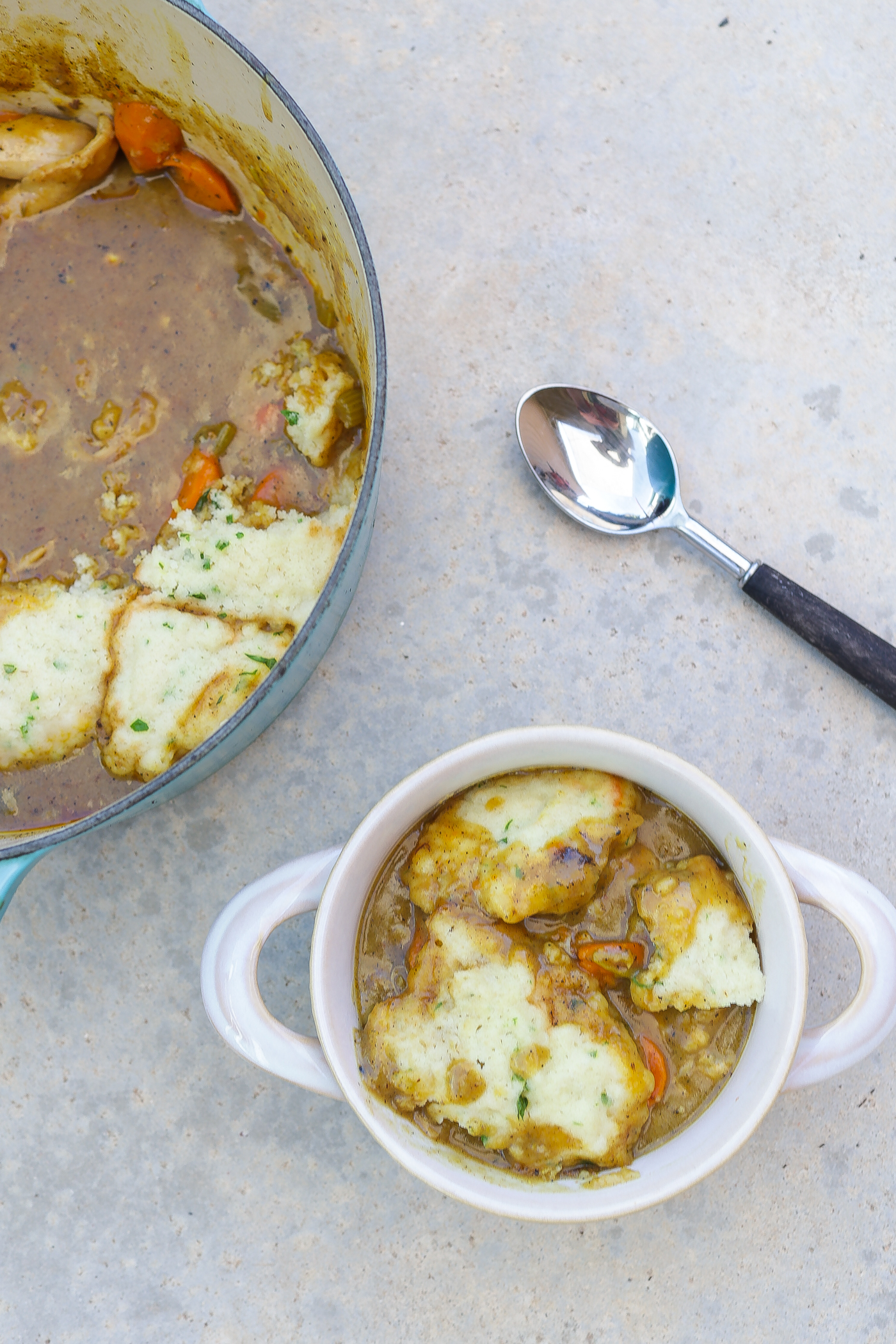 Southern chicken and dumplings in a white bowl