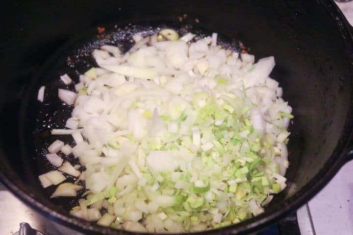 onions and leeks sauteing