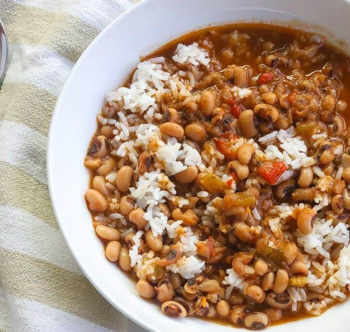 white bowl of black eyed peas and rice