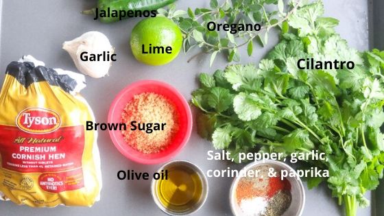 cornish hen ingredients on a tray