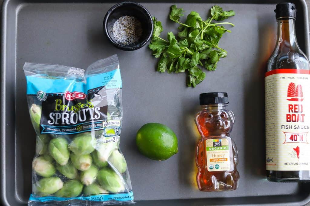 brussel sprouts ingredients on a tray