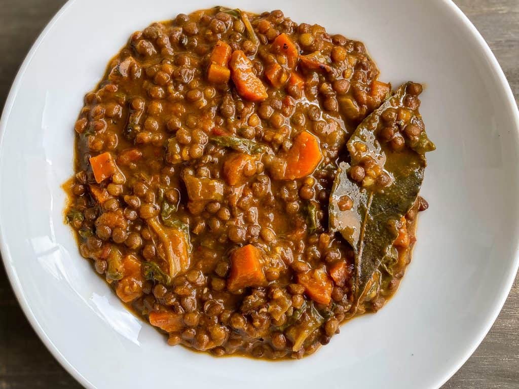 lentil stew in white bowl