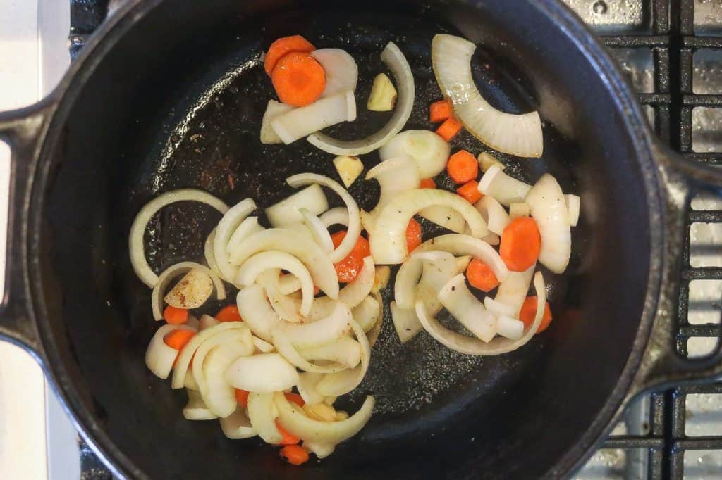 vegetables sauteing in pot