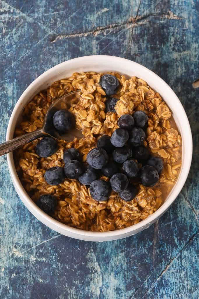 oatmeal with blueberries in a white bowl