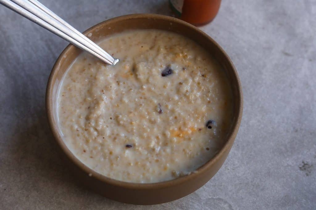 oatmeal with cheese and cranberries in a bowl