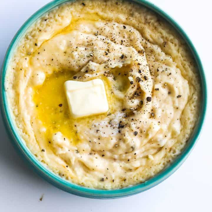 mashed potatoes with butter in blue bowl