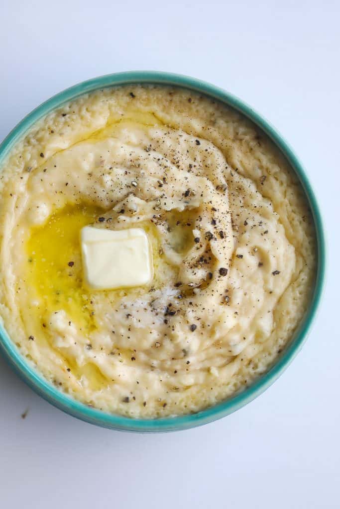 mashed potatoes with butter in blue bowl