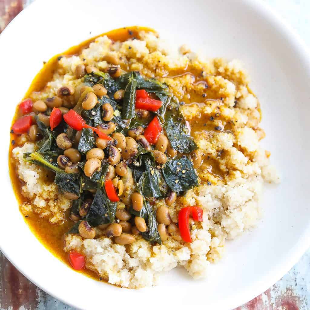 black-eyed peas and collard greens curry with grains