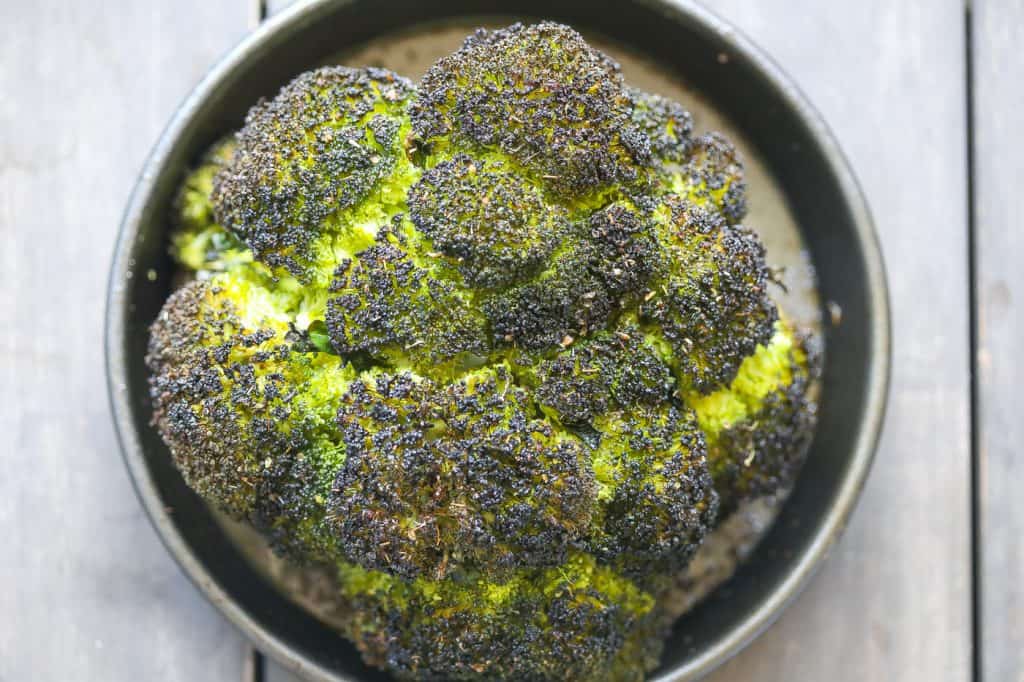 roasted broccoli in a round pan