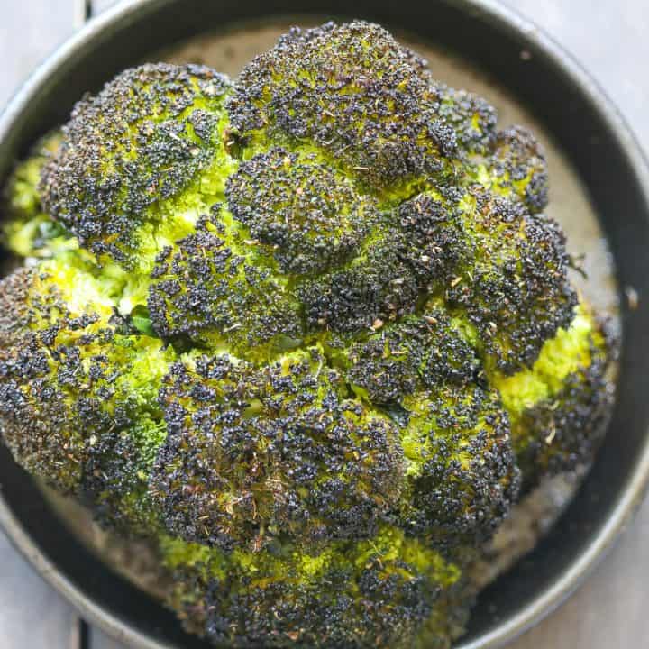 roasted broccoli in a round pan