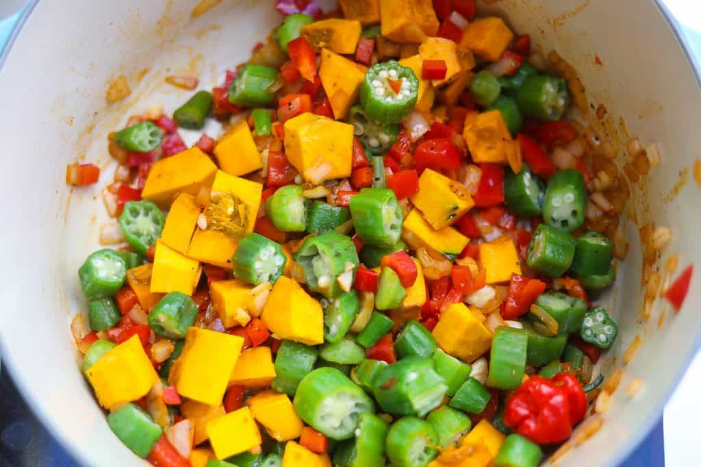 vegetables auteing in a pan