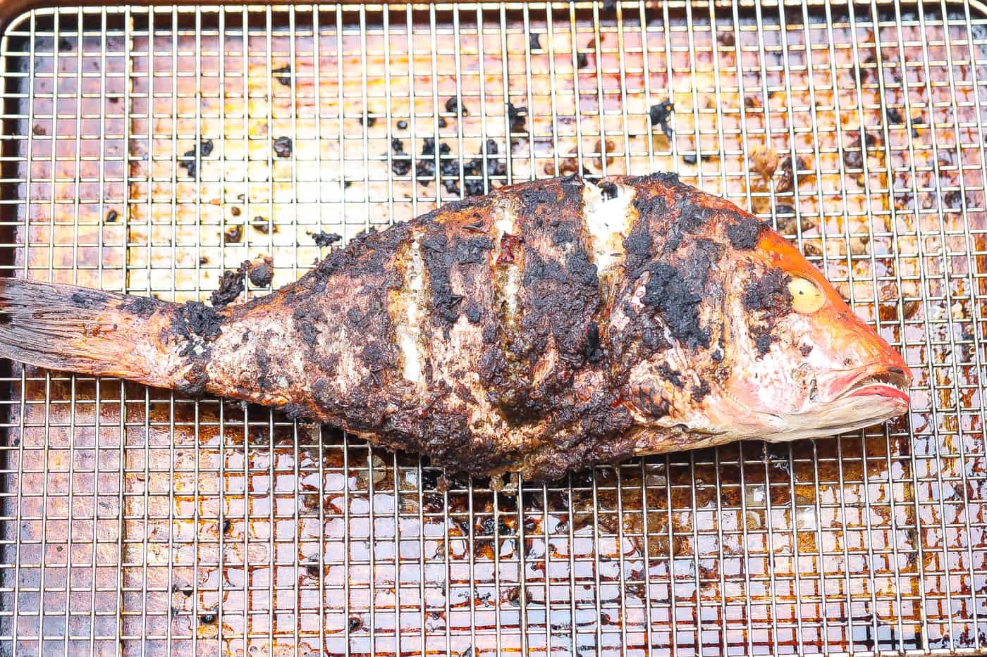 jerk grilled snapper on a wire rack