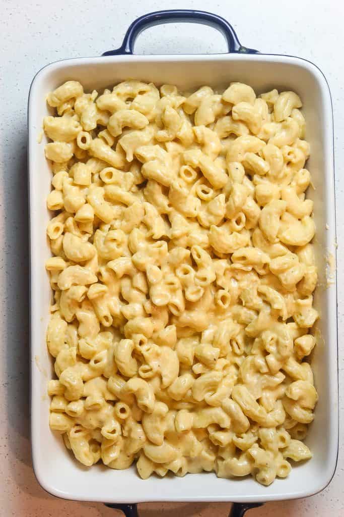 mac and cheese in rectangular pan