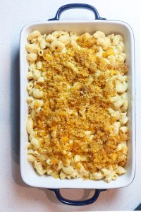 mac and cheese in rectangular pan