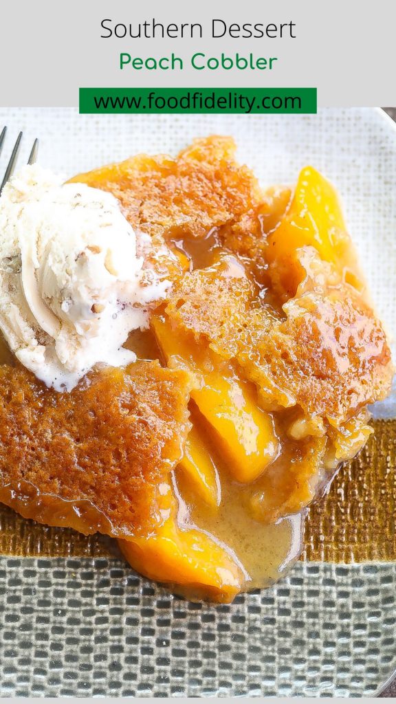 peach cobbler on a tri-color plate