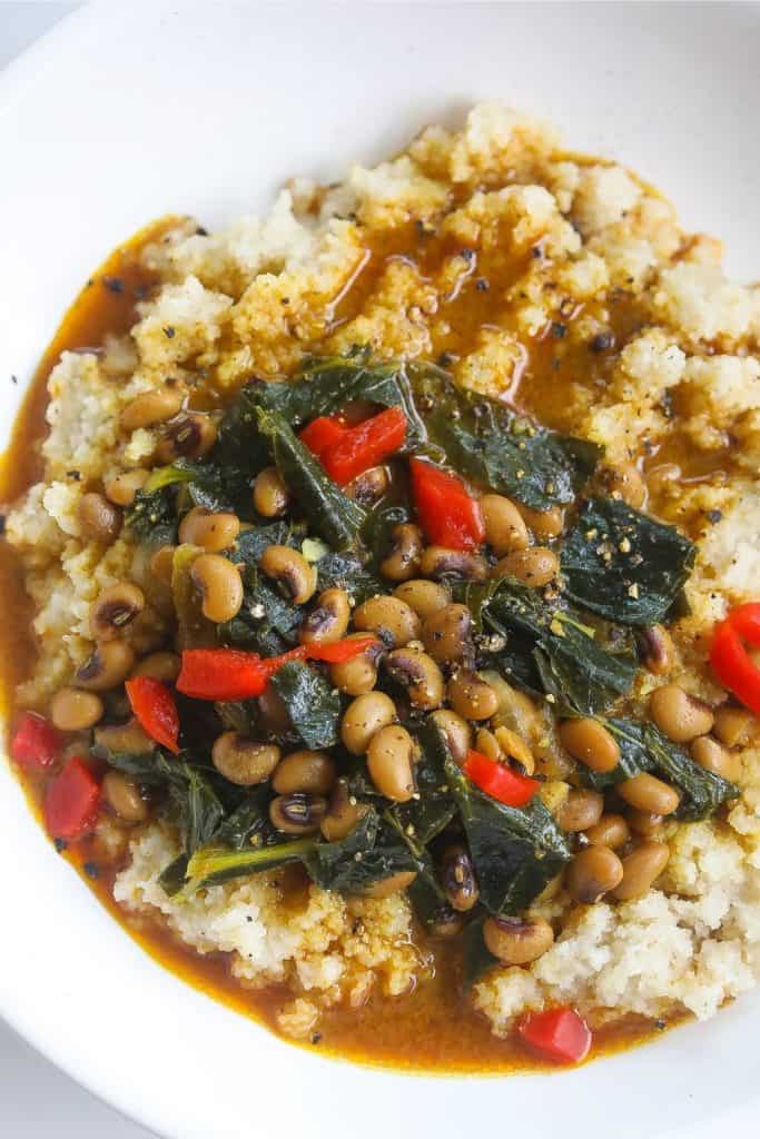 collard greens and blackeyed peas in a curry sauce