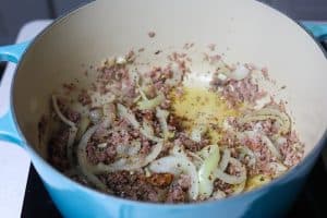 onions and turkey sauteing in pot