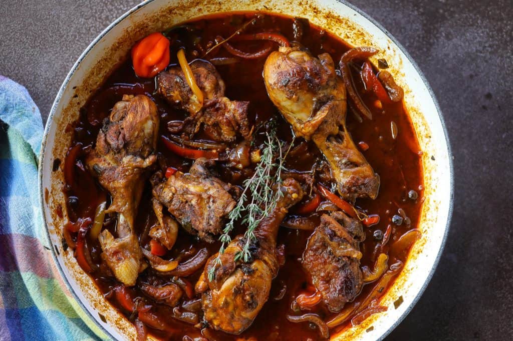 brown stew chicken in pot