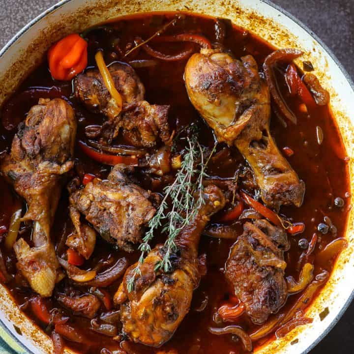 brown stew chicken in pot