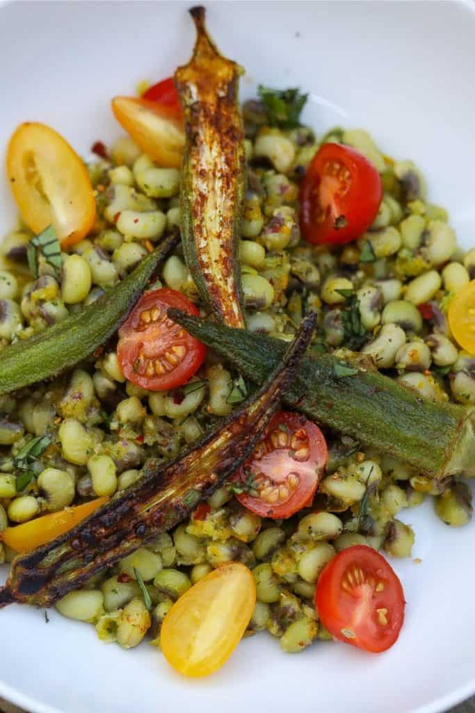 field peas with okra and tomatoes in a bowl