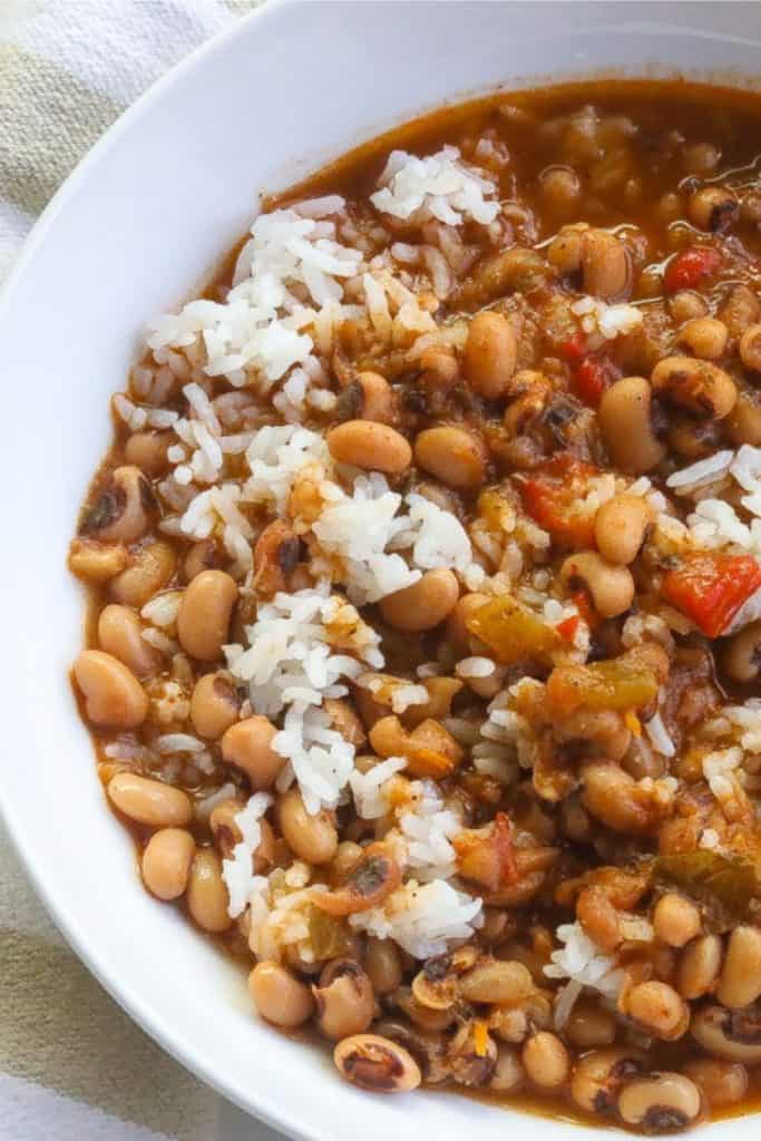 blackeyed peas and rice in a white bowl