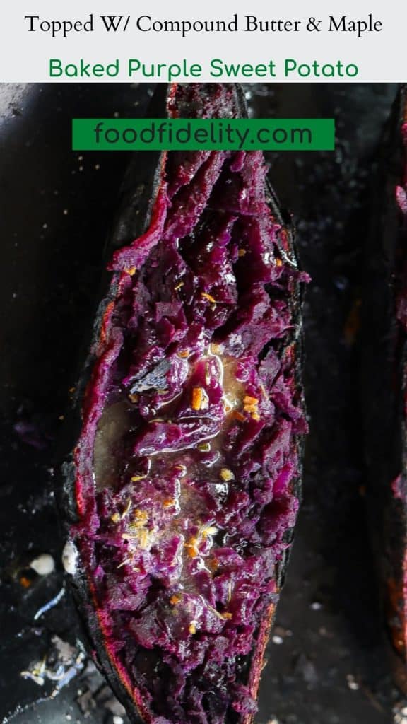 baked purple sweet potato on black plate