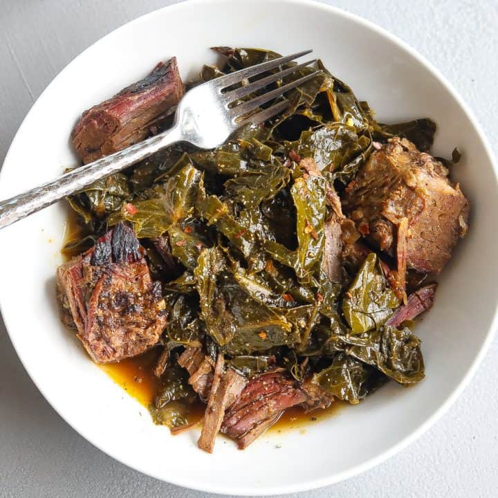 collard greens with brisket in bowl