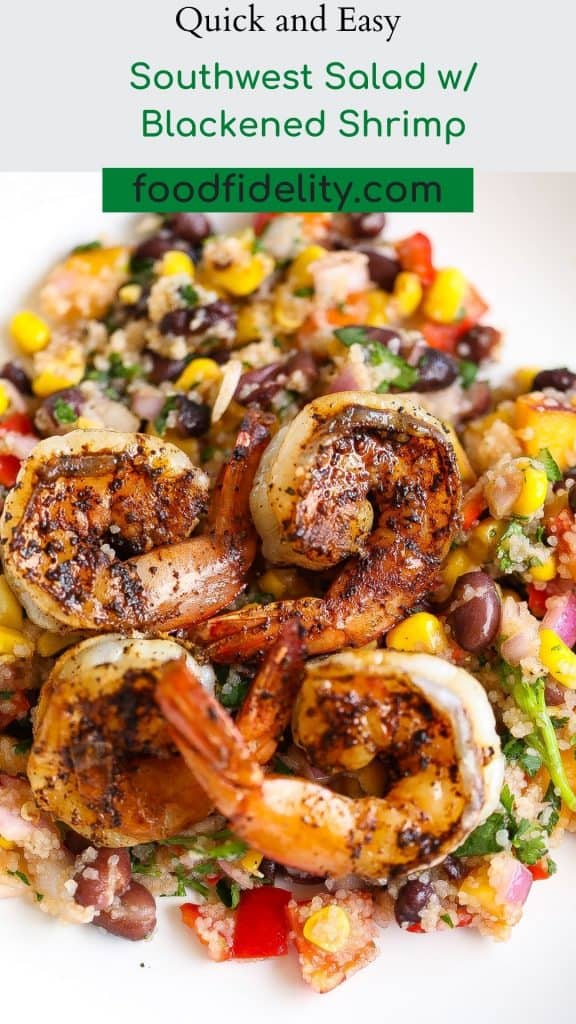 corn and black bean salad with blackened shrimp on top