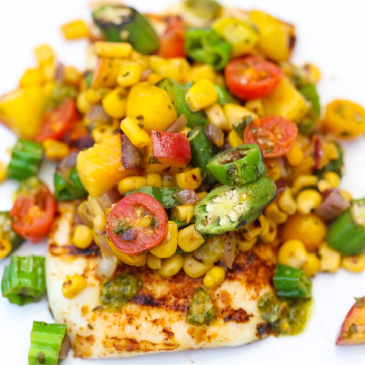 grilled calamari topped with okra and corn salsa