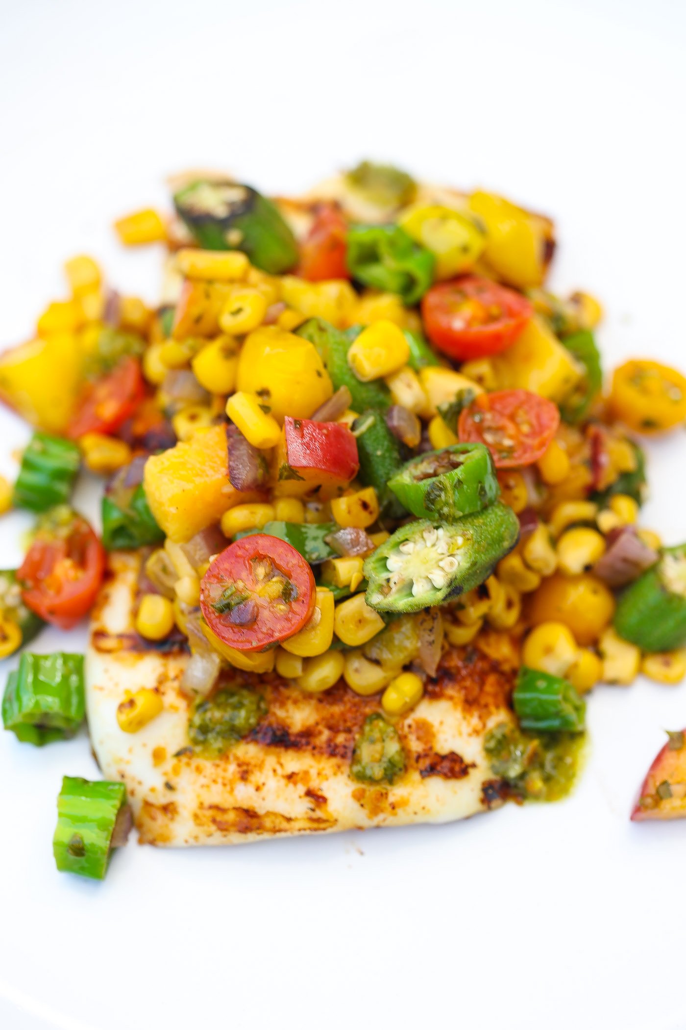 grilled calamari topped with okra and corn salsa