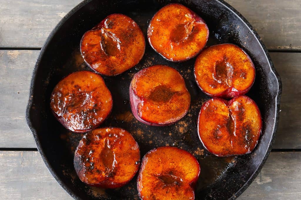 roasted plums in cast iron skillet