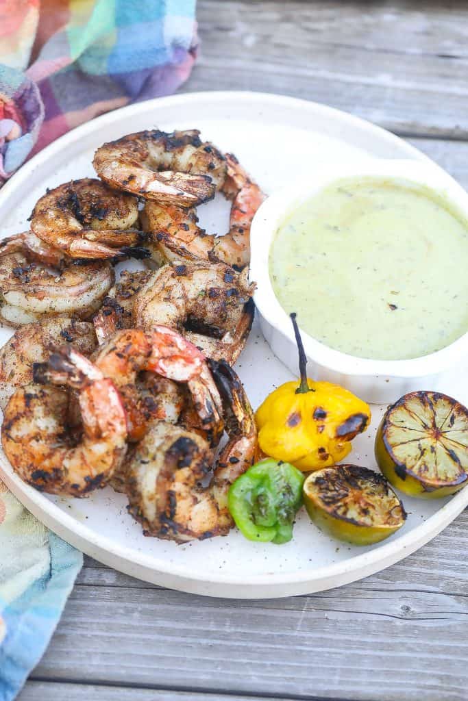 grilled jerk shrimp on white plate