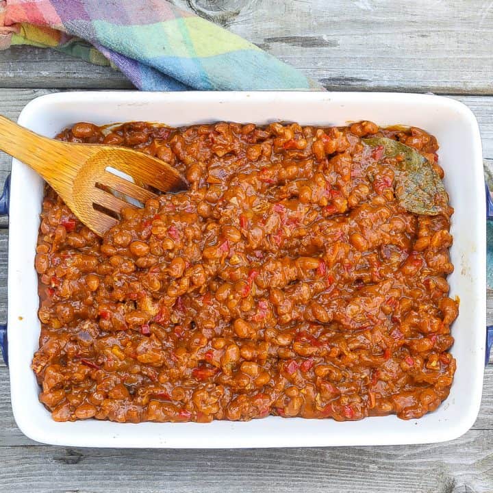 baked beans in a rectangular baking dish
