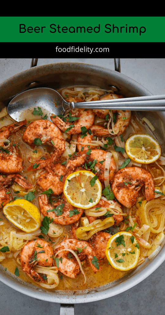 beer steamed shrimp in a pan