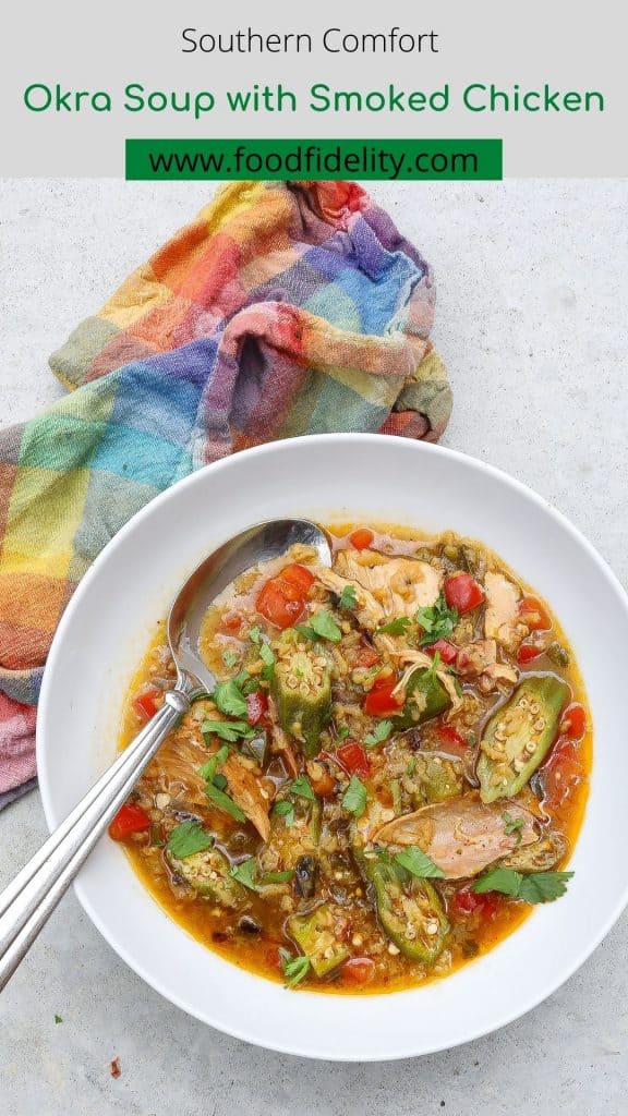 chicken and okra soup in a white bowl