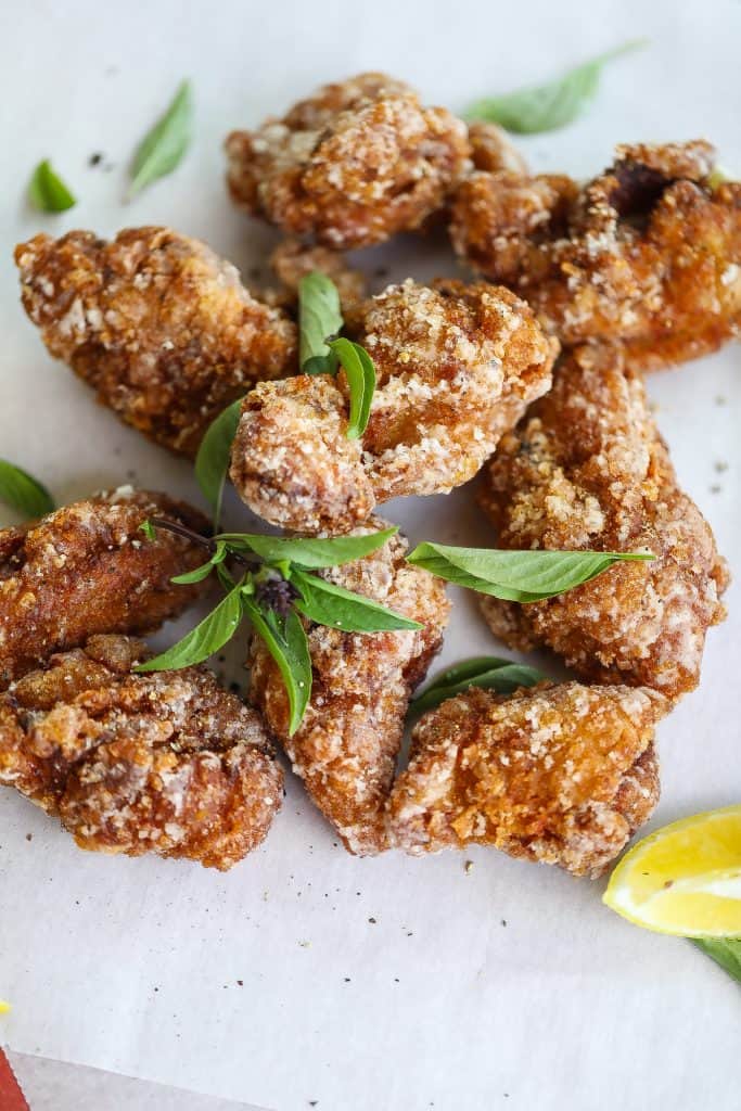 fried chicken karaage on white parchment paper