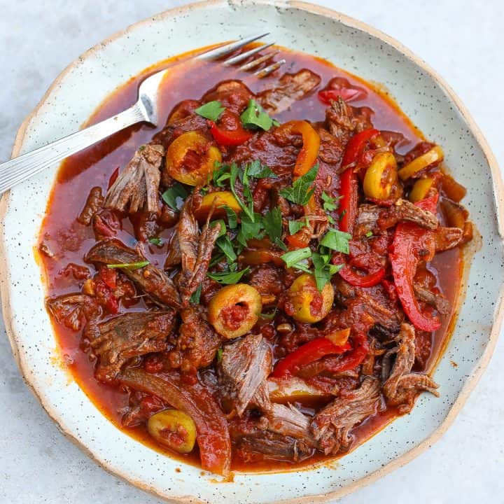 Cuban Ropa Vieja in a white bowl