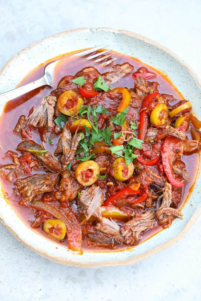 Cuban Ropa Vieja in a white bowl