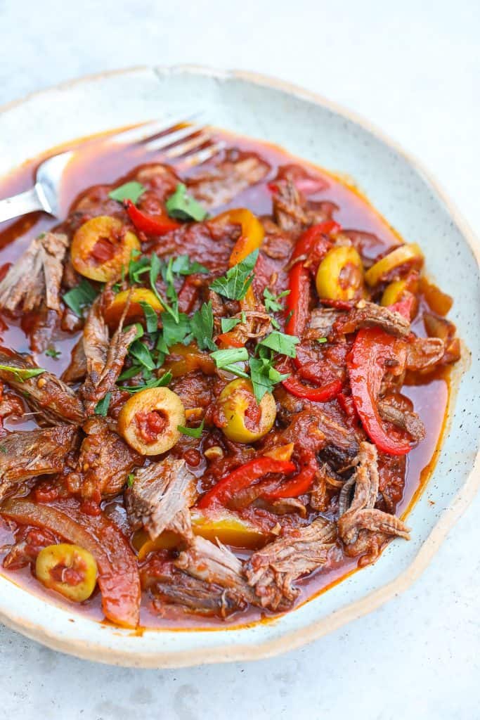 Cuban Ropa Vieja in a white bowl