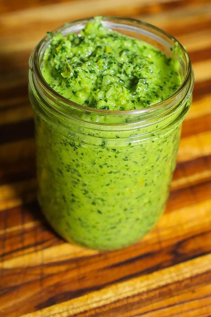 green seasoning in glass jar