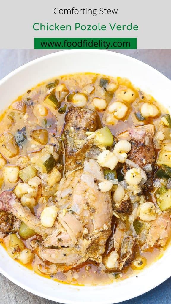 chicken pozole stew in white bowl