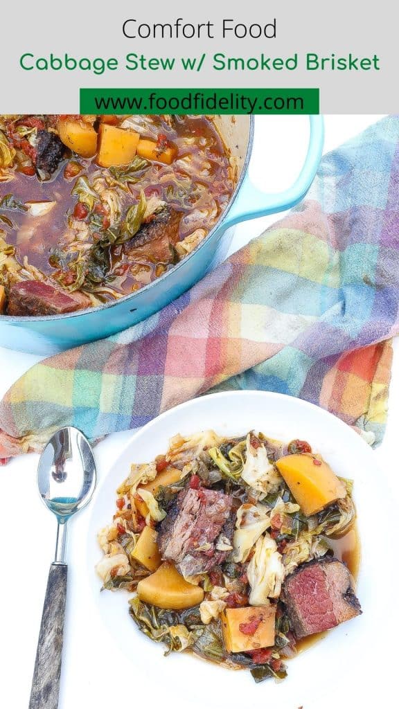 cabbage stew with brisket and rutabagas in white bowl