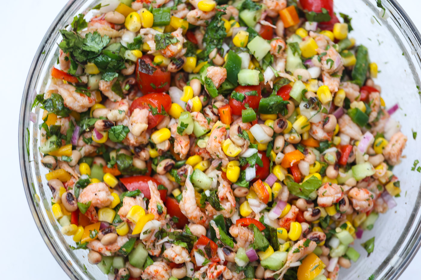 black eyed pea salad in a large glass bowl