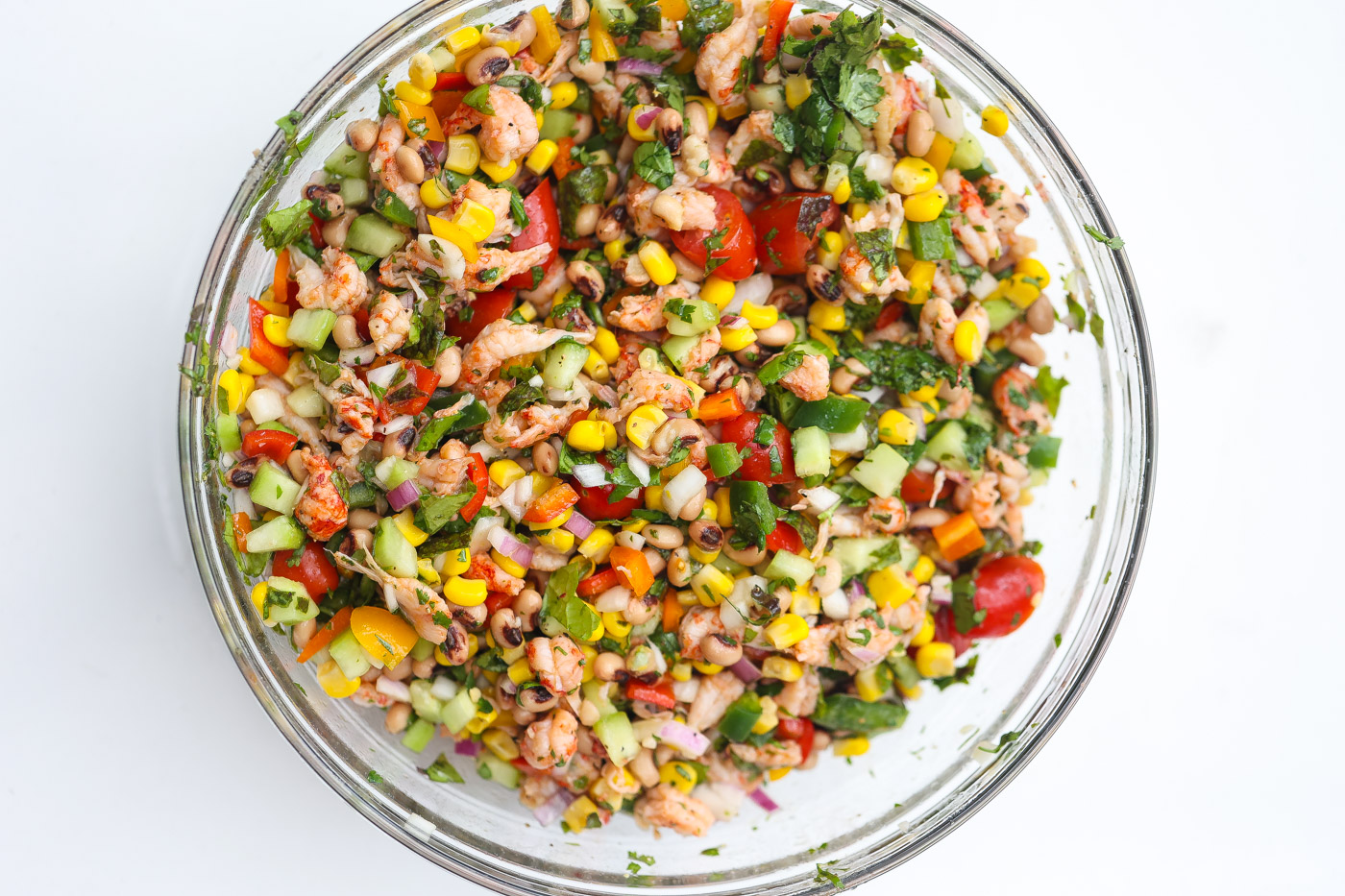 black eyed pea salad in a large glass bowl