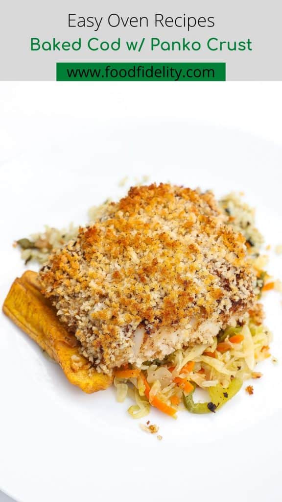 cod with panko crust on top of cabbage and plantains