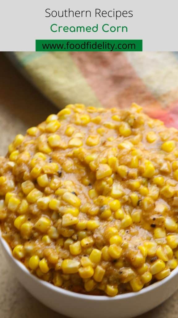 creamed corn kernels in a white bowl